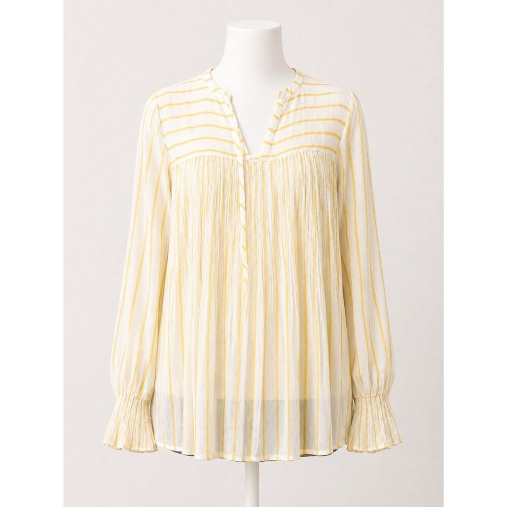 LC Lauren Conrad Pleated Pullover Sheer Blouse Size Small Yellow/White EUC